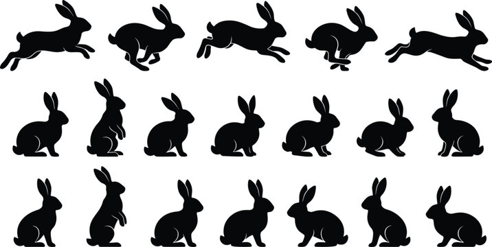 Set of black rabbit and hare silhouettes in various running leaping and sitting poses vector isolated