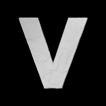 Capital letter V cut from textured white paper isolated on a solid black background