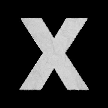 Capital letter X cut from textured white paper isolated on a solid black background