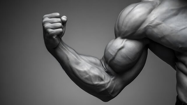 Powerful muscular arm flexing biceps and triceps against a neutral grey background