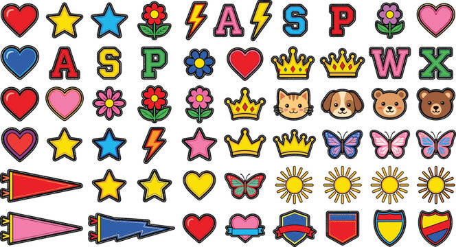 Cute Varsity Patch Icon Set with Heart, Star, Flower, Crown, Letter, Animal, Butterfly, and Pennant Sticker Symbols
