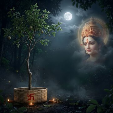 Goddess durga with bilva tree and diya lamps for bilva nimantran vrat with oil lamps