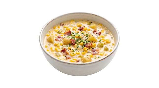 Delicious bowl of creamy corn chowder with bacon and potatoes garnished with chives and black pepper