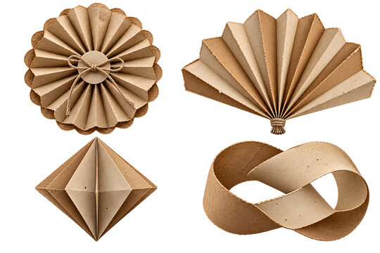 Origami paper crafts folded shapes fan circle mobius strip for decorative vintage designs.