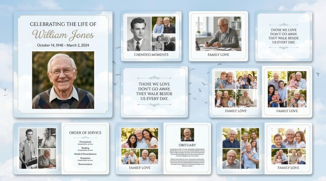 Elegant Funeral Program Template with Family Photos and Sky Background for Memorial Service Commemoration