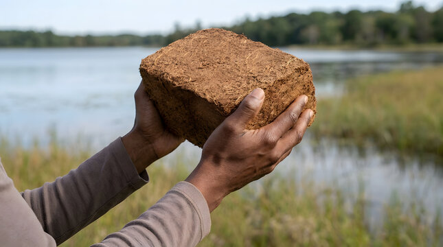 Compressed coco peat block, being held by hands in close up view, brown fibrous organic material for gardening, natural lake shore with green grass landscape, sustainable horticulture advertising, an