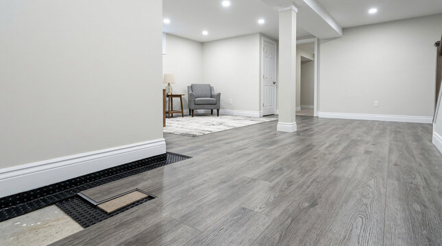 Finished basement renovation with grey vinyl plank flooring | Basement floor layers cross section subfloor membrane | Modern home interior design with wood look laminate floors