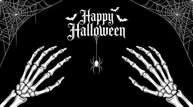 A festive Halloween illustration featuring two skeletal hands reaching toward a dangling spider