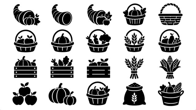 Thanksgiving cornucopia and harvest crop basket vector icons in black stencil