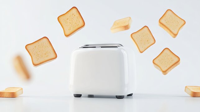 A sleek white toaster launches golden-brown slices of toast into the air against a minimalistic backdrop, embodying morning delight and simplicity