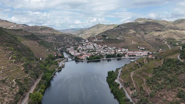 Drone Flight Toward Pinh&atilde;o and Douro River Bridge, Portugal