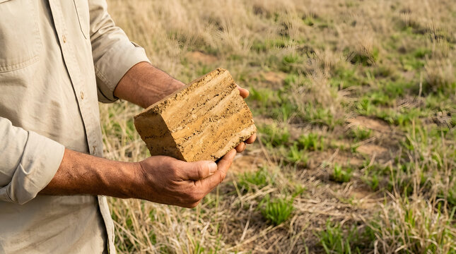 Compressed earth block, man holding handmade sustainable clay brick with textured soil layers, artisan worker tan shirt and rough weathered hands, sunny rural field background, green building ads.