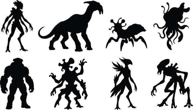 Alien monster and sci-fi creature silhouette icon set featuring extraterrestrial beasts and humanoid mutants