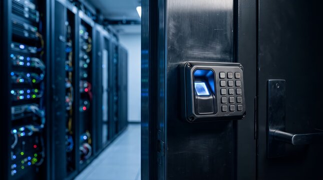Biometric Fingerprint Security Scanner Mounted on a Secure Server Room Door in a Modern Data Center Facility
