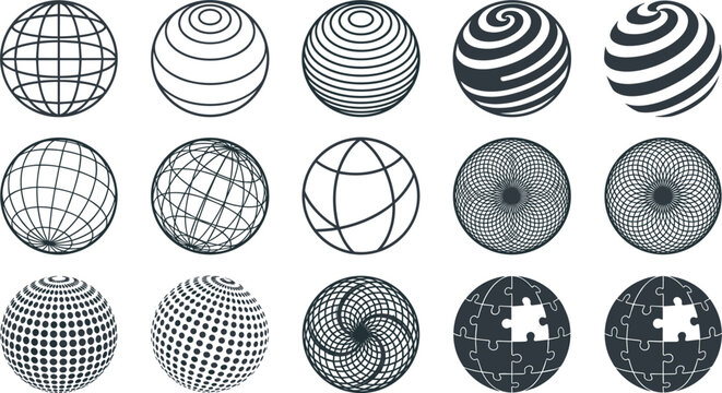 Abstract Globe and Wireframe Sphere Vector Icon Set with Grid Lines Halftone Patterns Swirls and Puzzle Piece Elements for Corporate Identity Logo Designs