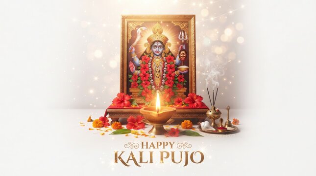 Kali Pujo festival celebration greeting illustration with goddess image, oil lamp, and flowers hinduism religion culture diwali shakti durga puja