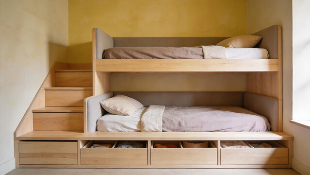 Modern wooden bunk bed with storage drawers