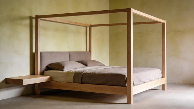 Minimalist wooden four-poster bed in neutral room