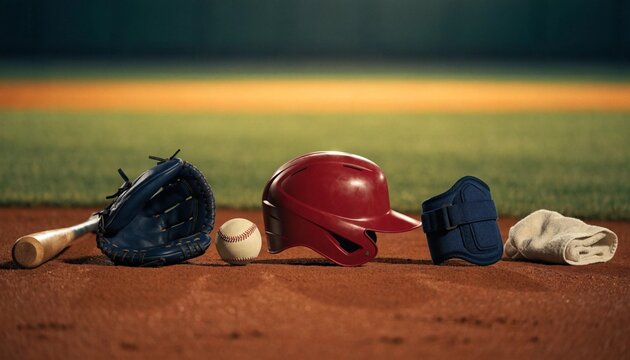 Baseball gear set on a field at night
