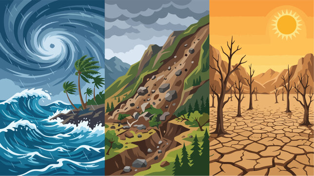 Triple disaster vector illustration depicting hurricane landslide and severe drought scenarios on a split panel background