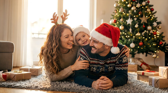 Happy young family with a toddler lying on the floor in front of a decorated christmas tree enjoying the festive holiday season together