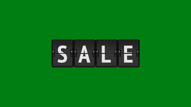 Mechanical split-flap display board showing the word sale on a green screen. Animated airport-style board for retail promotion and commercial discounts.