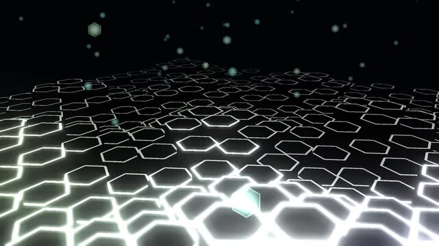 Futuristic glowing hexagon grid background, digital white honeycomb pattern on black, abstract tech network motion graphics