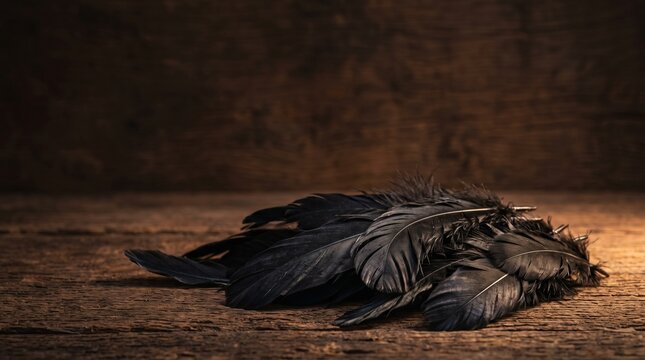 A pile of dark black feathers rests on a rustic wooden surface with a blurred dark background