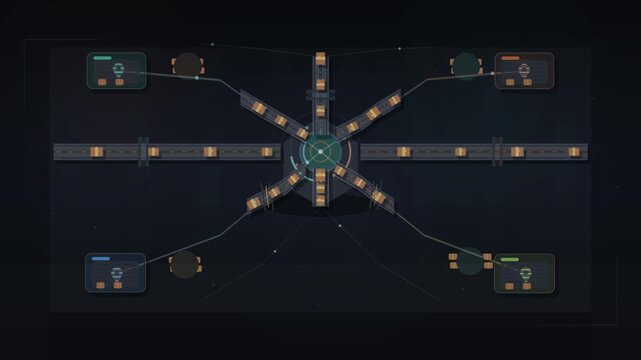 Centralized logistics sorting facility animation showcasing automated conveyor belts moving boxes to various distribution centers in this sleek motion video