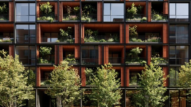 Modern apartment building facade with large windows and green plants detail