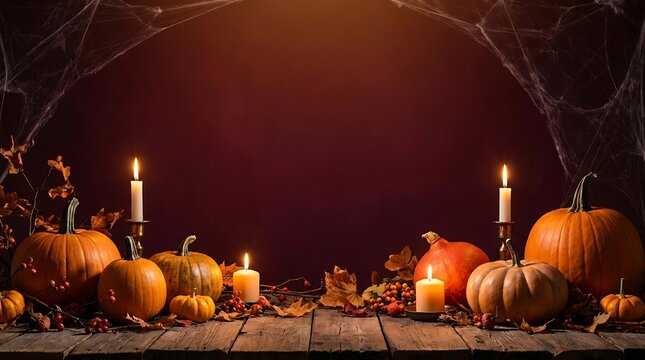 Harvest pumpkins arranged on rustic wooden boards featuring flickering candles and cobwebs against a dark dramatic backdrop perfect for celebrating autumn season and spooky halloween holidays