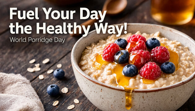 A ceramic bowl of oatmeal garnished with fresh raspberries, blueberries and a stream of golden honey. Poster for World Porridge Day with Fuel Your Day the Healthy Way slogan.