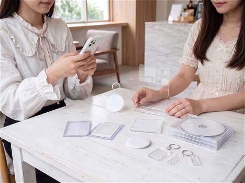 推し活グッズをカフェで撮影する女性 モックアップ 写真・画像・素材 （アイドル・アニメ・漫画・キャラ・芸能人・ファン）（アクリルスタンド アクリルキーホルダー トレカ 生写真 フォトカード 缶バッジ キーホルダー）（フェミニン 清楚 ワンピース ブラウス リボン）Japanese culture "Oshikatu" Activity Goods Mockup at a Cafe