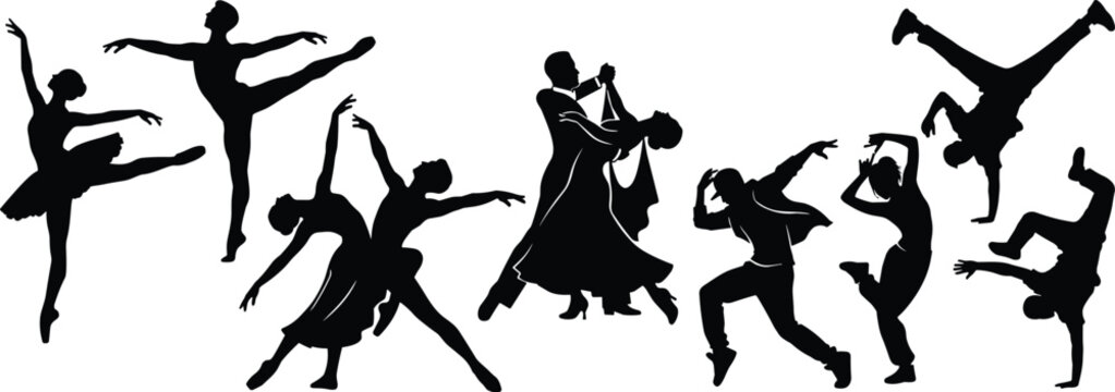 Dancers silhouettes set featuring classical ballet, contemporary dance, ballroom couple waltz, hip hop, and breakdance street dancers