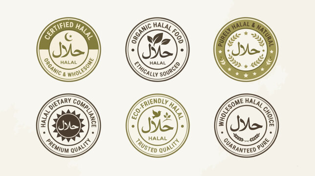Halal certification seals for organic, ethical, and wholesome food products featuring Arabic calligraphy and circular designs