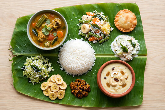 Onam sadhya full feast on fresh banana leaf - rice, sambar, avial, payasam, top view, light wood table