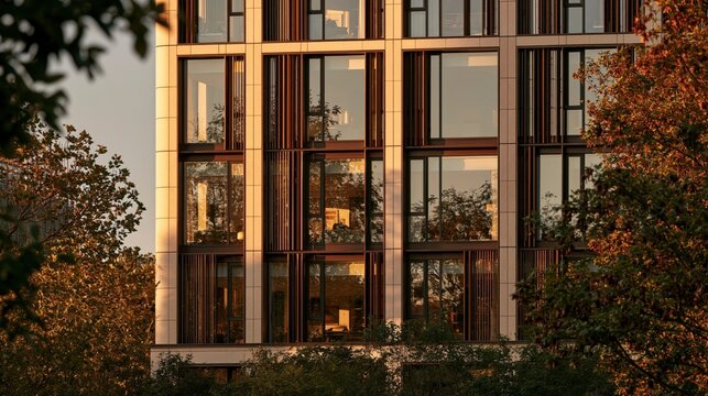 Modern building facade with large windows reflecting sunset and surrounding trees