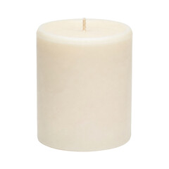 Single unlit cream-colored pillar candle with a visible wick stands upright, isolated on a clean white background © Chinases