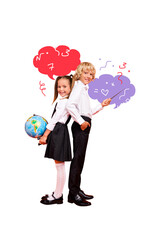 Fototapeta premium Vertical photo collage of happy preteen girl boy classmates hold globe pointer education math subject isolated on painted background