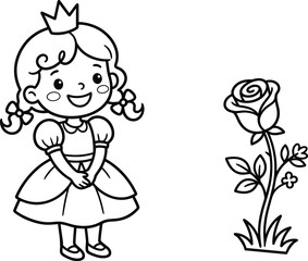 Cute princess character with a rose flower black and white line art isolated on transparent background © Abul
