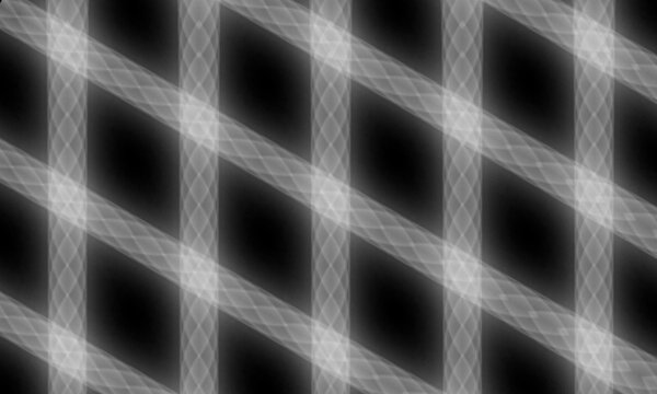 Abstract futuristic glowing vertical and diagonal lattice pattern background with woven geometric mesh lines on black