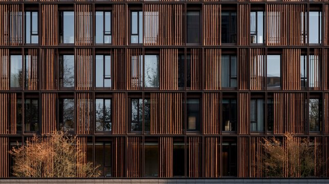 Modern architectural facade with vertical wooden slat window design pattern