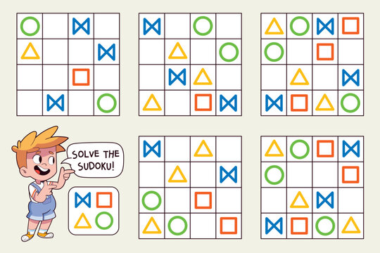 Set of picture sudoku puzzles with colored shapes - square, circle, triangle, bowtie. Kids place each symbol once per row and column. Fun printable logic worksheet.