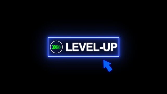 Neon Blue Glowing Level Up Button with Mouse Cursor Click Animation 4K Loop on Black Background