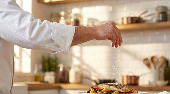 Skilled chef adds finishing touch of salt to gourmet grilled fish dish within modern sunlit restaurant kitchen.