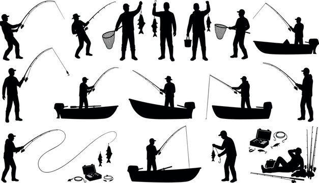 Fishermen silhouettes set featuring angling with rod, boat fishing, casting line, holding caught fish, and tackle equipment