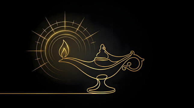 Golden Genie Lamp Silhouette Glowing with Light Rays on Black Background
