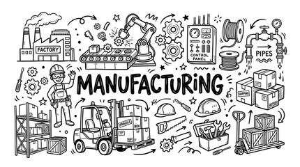 Fototapeta premium Hand Drawn Manufacturing Industry Doodle Set