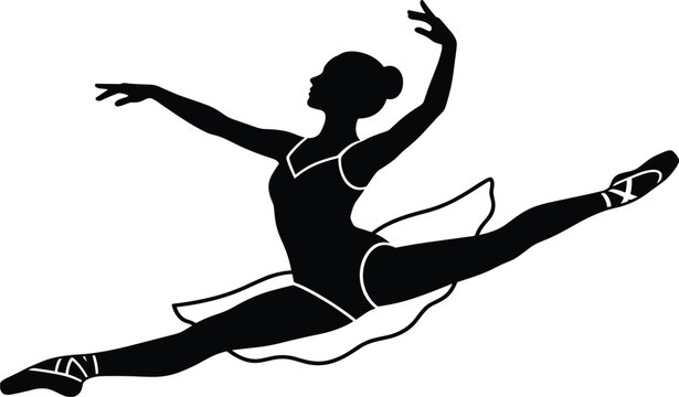 Graceful ballerina dancer jumping in air performing split leap in tutu dress isolated silhouette vector illustration