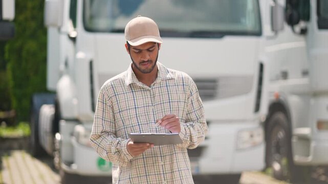Truck driver inspecting cargo list and checking delivery documents